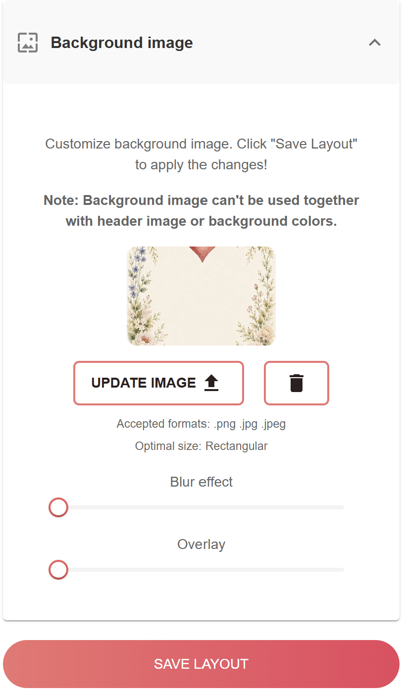 Catchmemo Background image settings with image upload, blur effect, and overlay controls