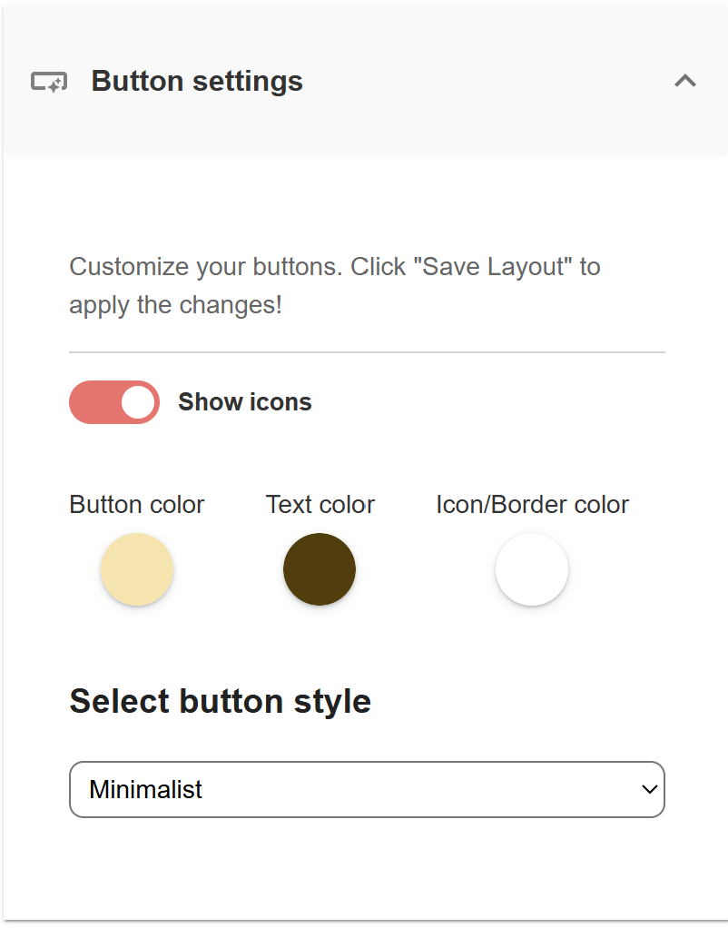 Catchmemo Button settings for icons, button colour, text colour, border colour, and button style