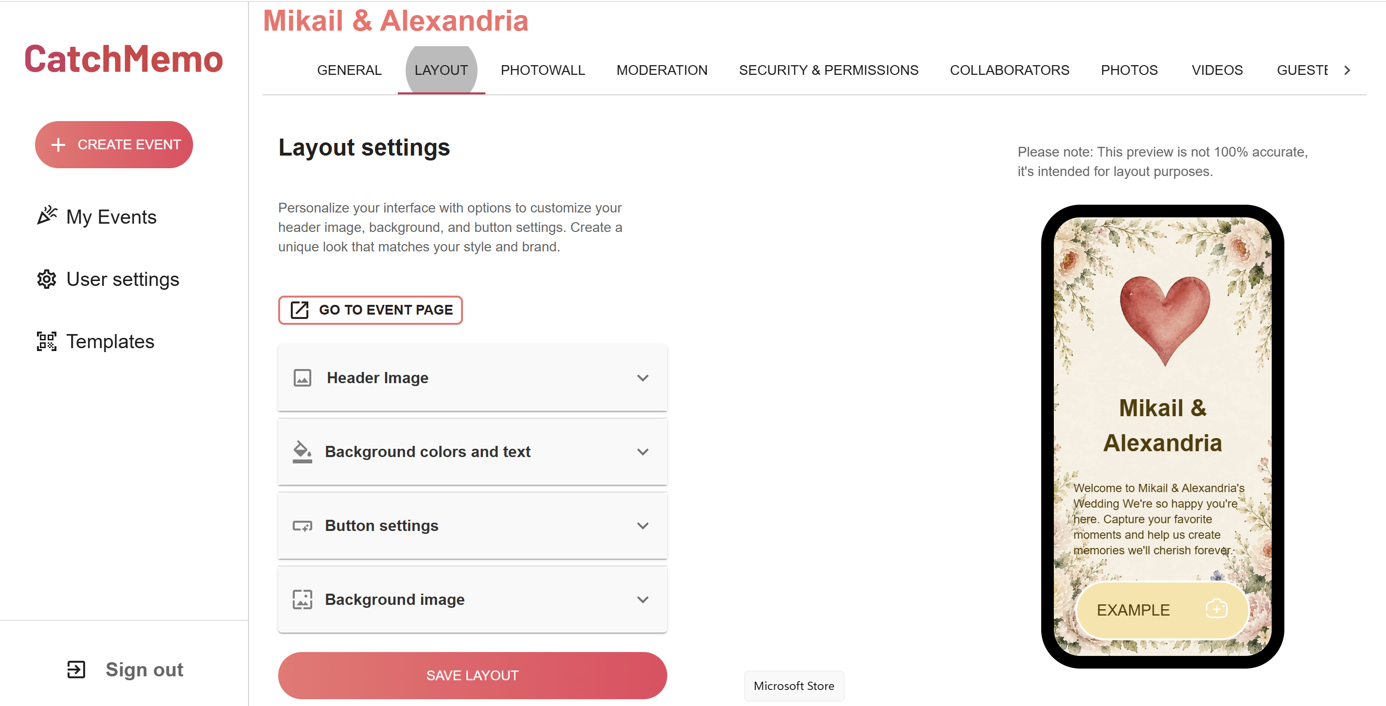 Catchmemo Layout settings with header image, colors, buttons, background image, and mobile preview